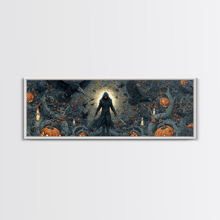 The Crow-Masked Assassin, Extra Wide Wall Art, Macabre Wall Art, Framed Canvas Print, Halloween Wall Decor, Gothic Home Decor