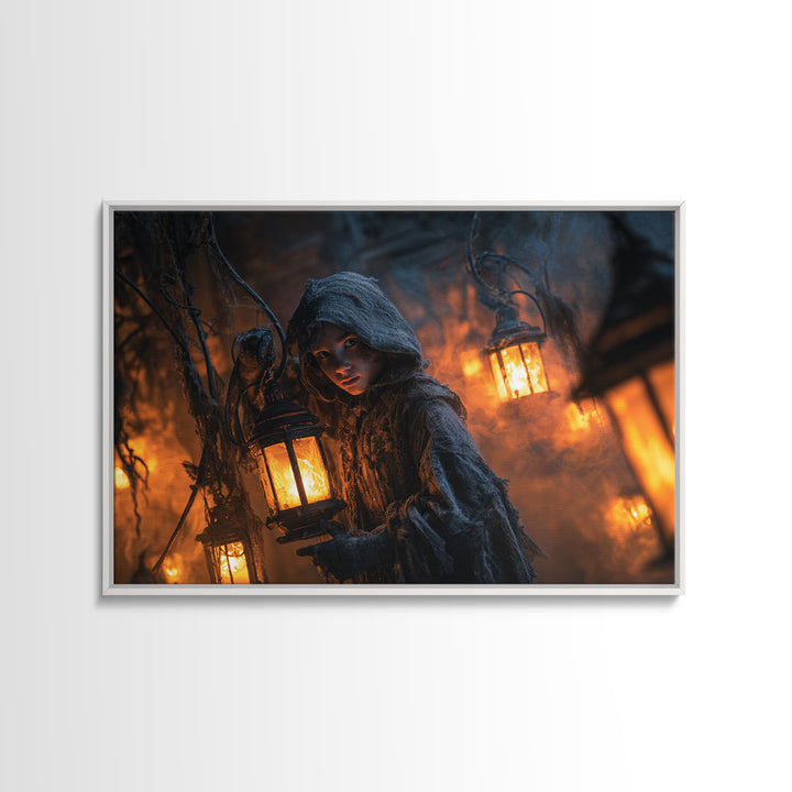 The Lantern Mage, Landscape Wall Art, Macabre Wall Art, Framed Canvas Print, Halloween Wall Decor, Gothic Home Decor, Spooky Wall Decor