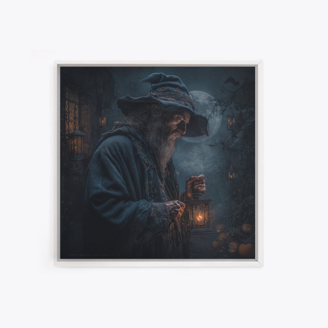 The Lantern Mage, Square Wall Art, Haunted Gothic Art, Framed Canvas Print, Halloween Wall Decor, Gothic Home Decor, Horror Wall Art