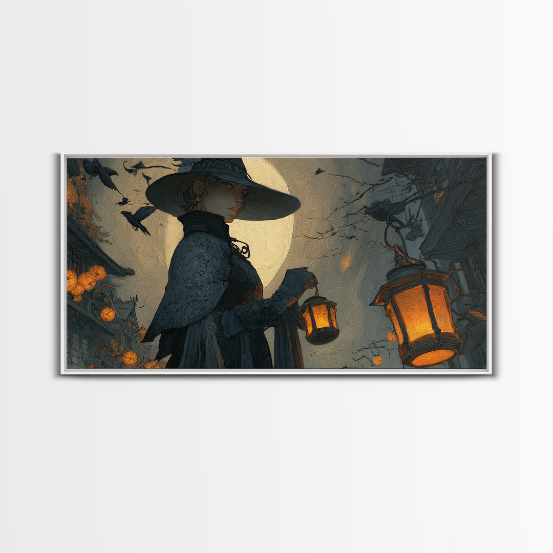 The Lantern Mage, Wide Panoramic Art, Dark Halloween Decor, Canvas Print, Halloween Wall Decor, Gothic Home Decor, Seasonal Home Decor