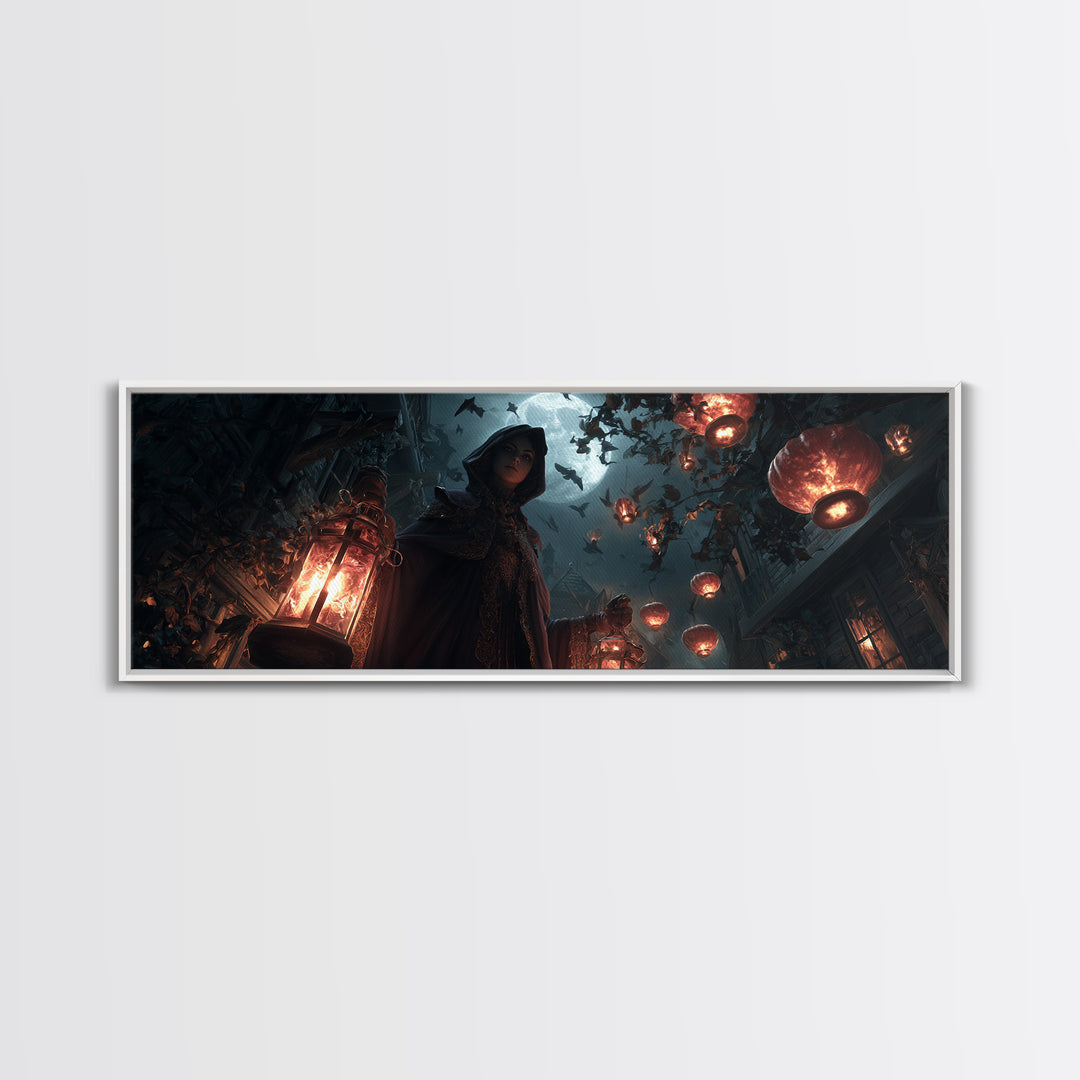 The Lantern Mage, Extra Wide Wall Art, Gothic Horror Wall Art, Framed Canvas Print, Halloween Wall Decor, Gothic Home Decor