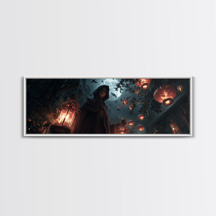 The Lantern Mage, Extra Wide Wall Art, Gothic Horror Wall Art, Framed Canvas Print, Halloween Wall Decor, Gothic Home Decor