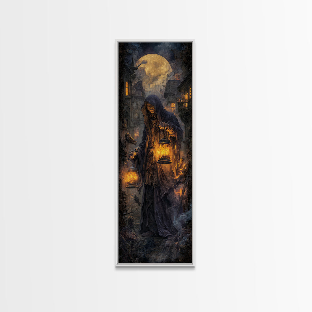 The Lantern Mage, Tall Narrow Wall Art, Dark Fantasy Wall Art, Canvas Print, Halloween Wall Decor, Gothic Home Decor, Dark Fantasy Art