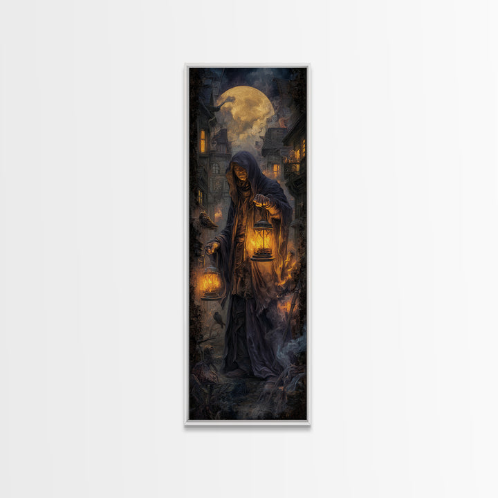 The Lantern Mage, Tall Narrow Wall Art, Dark Fantasy Wall Art, Canvas Print, Halloween Wall Decor, Gothic Home Decor, Dark Fantasy Art