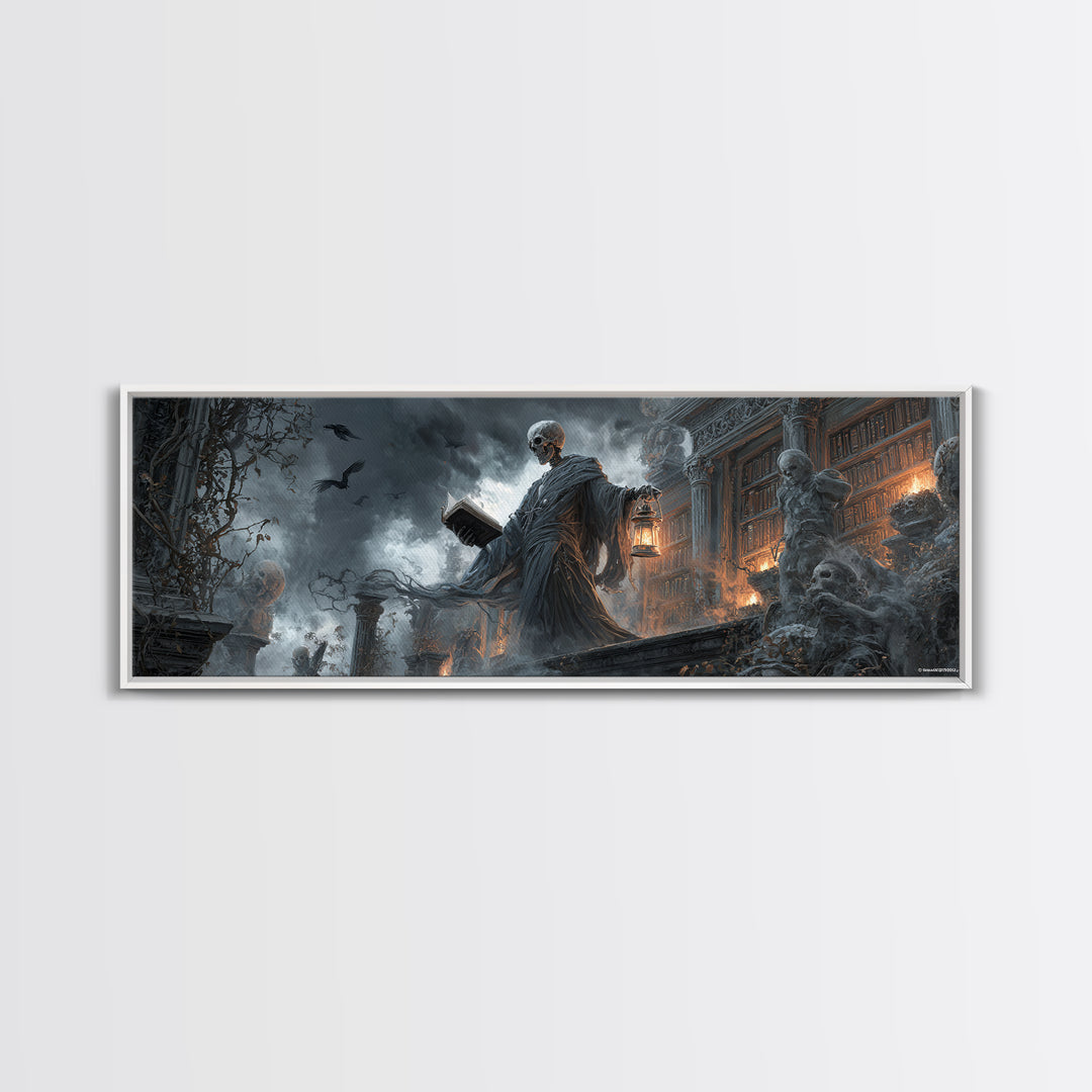 The Crypt Librarian, Extra Wide Wall Art, Macabre Wall Art, Framed Canvas Print, Halloween Wall Decor, Gothic Home Decor, Spooky Wall Decor