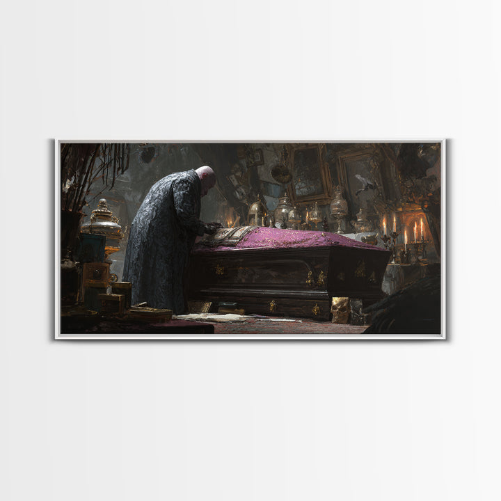 The Royal Coffin Maker, Wide Panoramic Art, Macabre Wall Art, Framed Canvas Print, Halloween Wall Decor, Gothic Home Decor, Halloween Decor