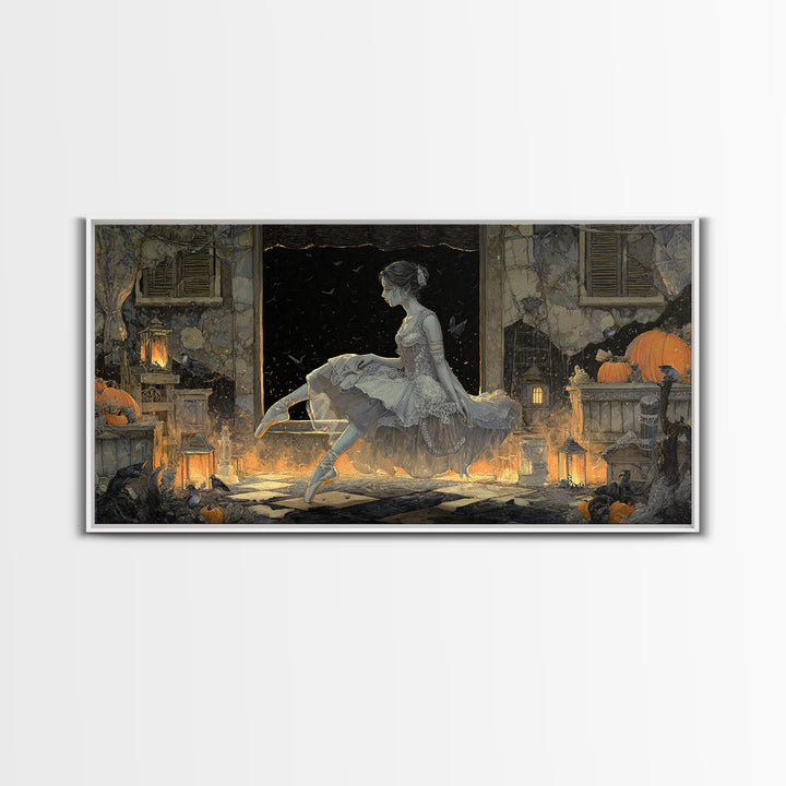 The Phantom Ballerina, Wide Panoramic Art, Haunted Gothic Art, Framed Canvas Print, Halloween Wall Decor, Gothic Home Decor