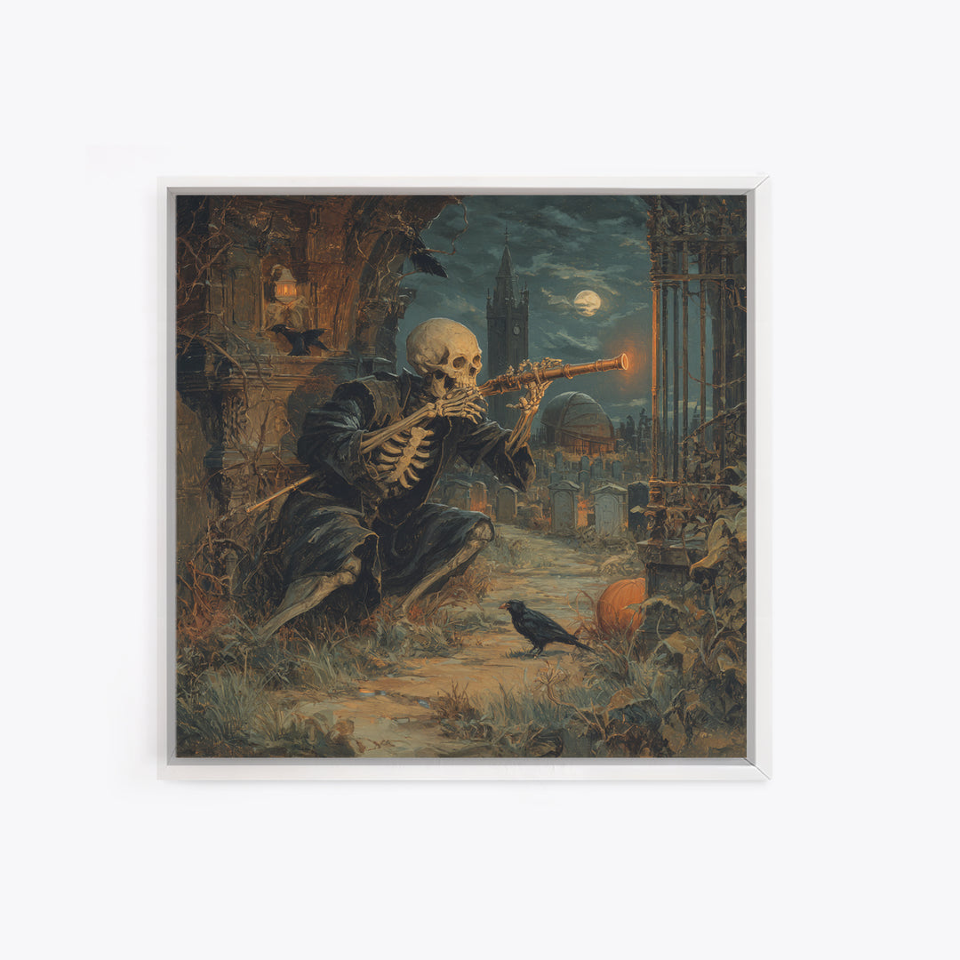 The Skull Astronomer, Square Wall Art, Macabre Wall Art, Framed Canvas Print, Halloween Wall Decor, Gothic Home Decor, Halloween Decor