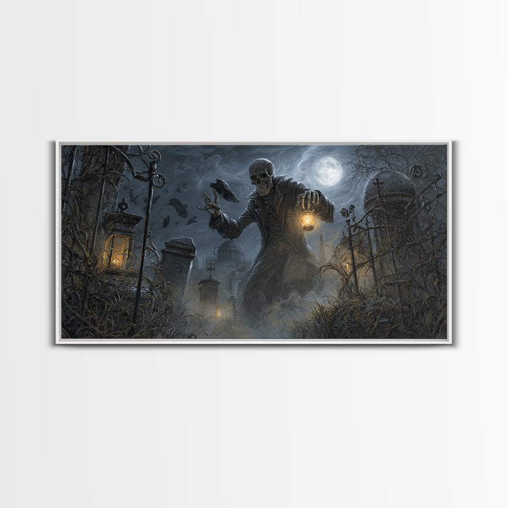 The Skull Astronomer, Wide Panoramic Art, Gothic Horror Wall Art, Framed Canvas Print, Halloween Wall Decor, Gothic Home Decor