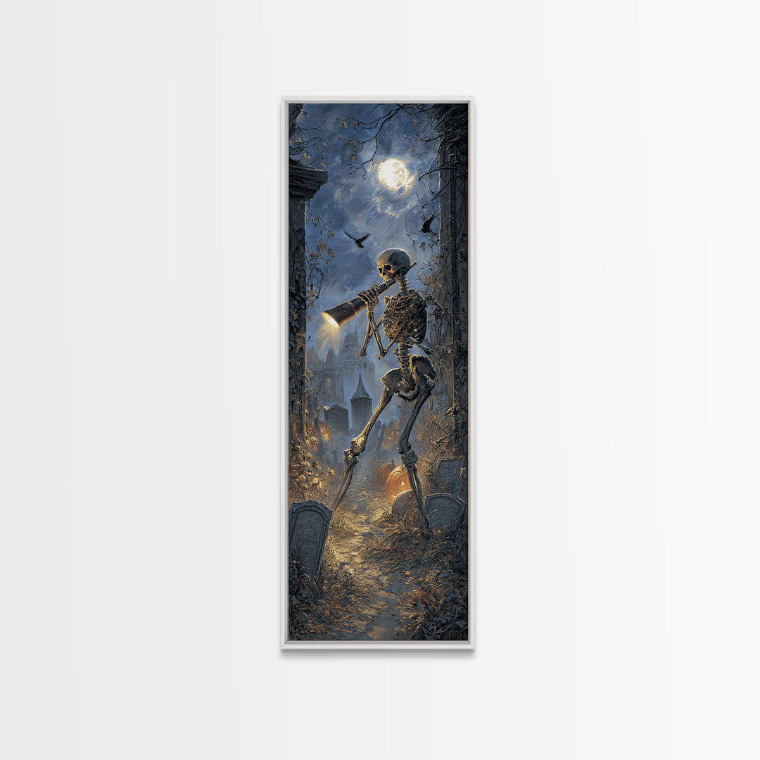 The Skull Astronomer, Tall Narrow Wall Art, Gothic Horror Wall Art, Framed Canvas Print, Halloween Wall Decor, Gothic Home Decor