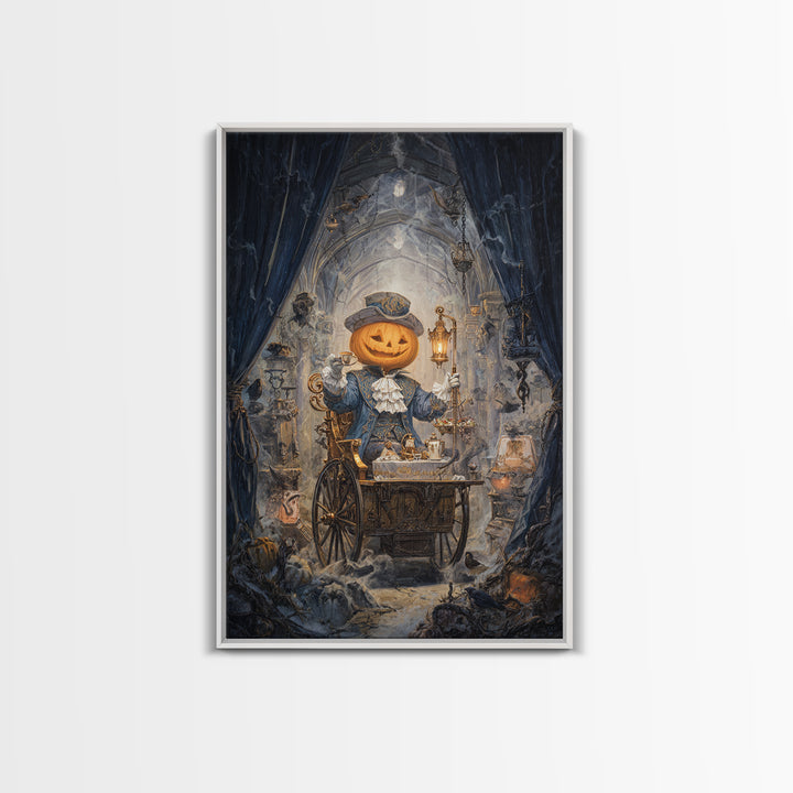 The Pumpkin-Headed Tea Merchant, Vertical Wall Art, Macabre Wall Art, Framed Canvas Print, Halloween Wall Decor, Gothic Home Decor