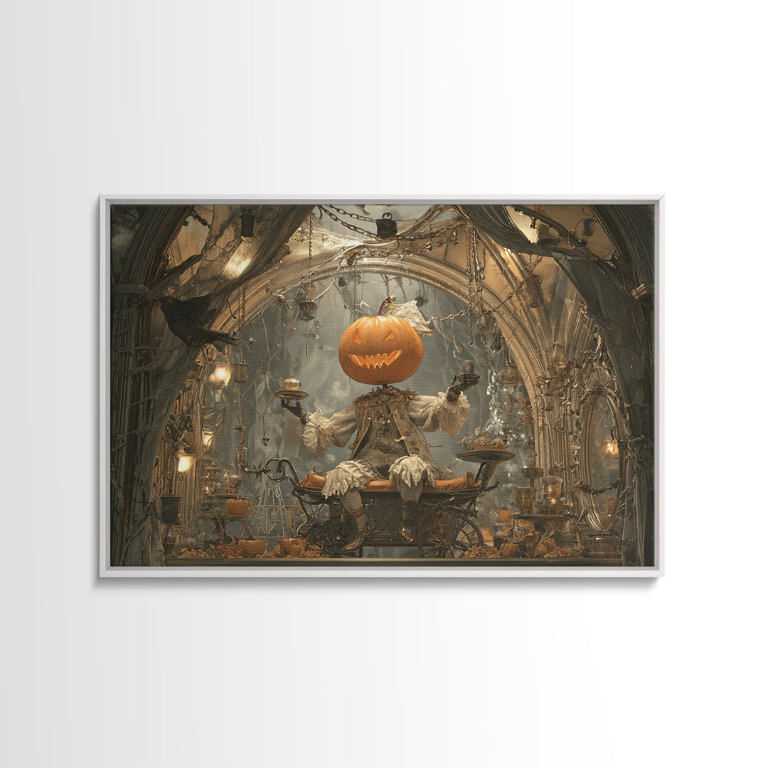 The Pumpkin-Headed Tea Merchant, Landscape Wall Art, Dark Halloween Decor, Canvas Print, Halloween Wall Decor, Gothic Home Decor