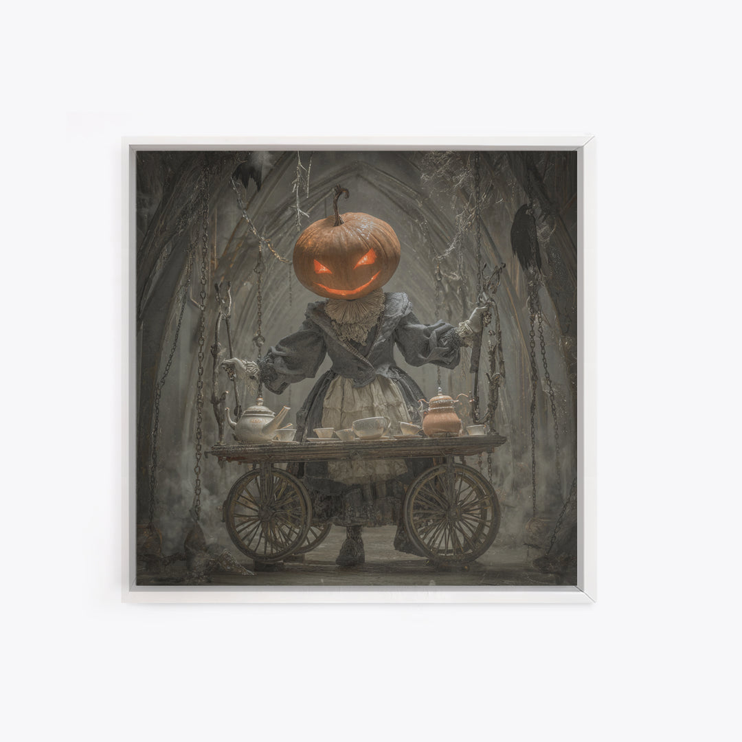 The Pumpkin-Headed Tea Merchant, Square Wall Art, Dark Fantasy Wall Art, Canvas Print, Halloween Wall Decor, Gothic Home Decor