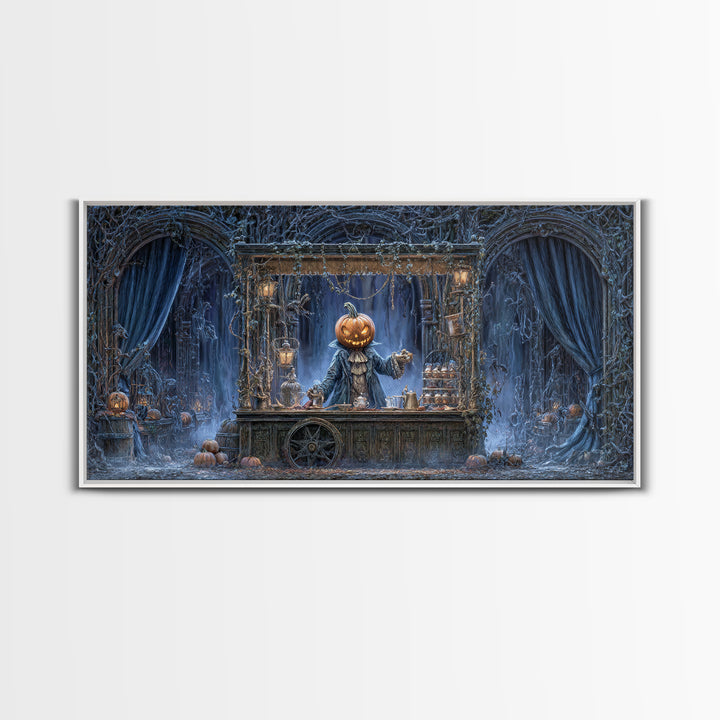 The Pumpkin-Headed Tea Merchant, Wide Panoramic Art, Dark Halloween Decor, Canvas Print, Halloween Wall Decor, Gothic Home Decor