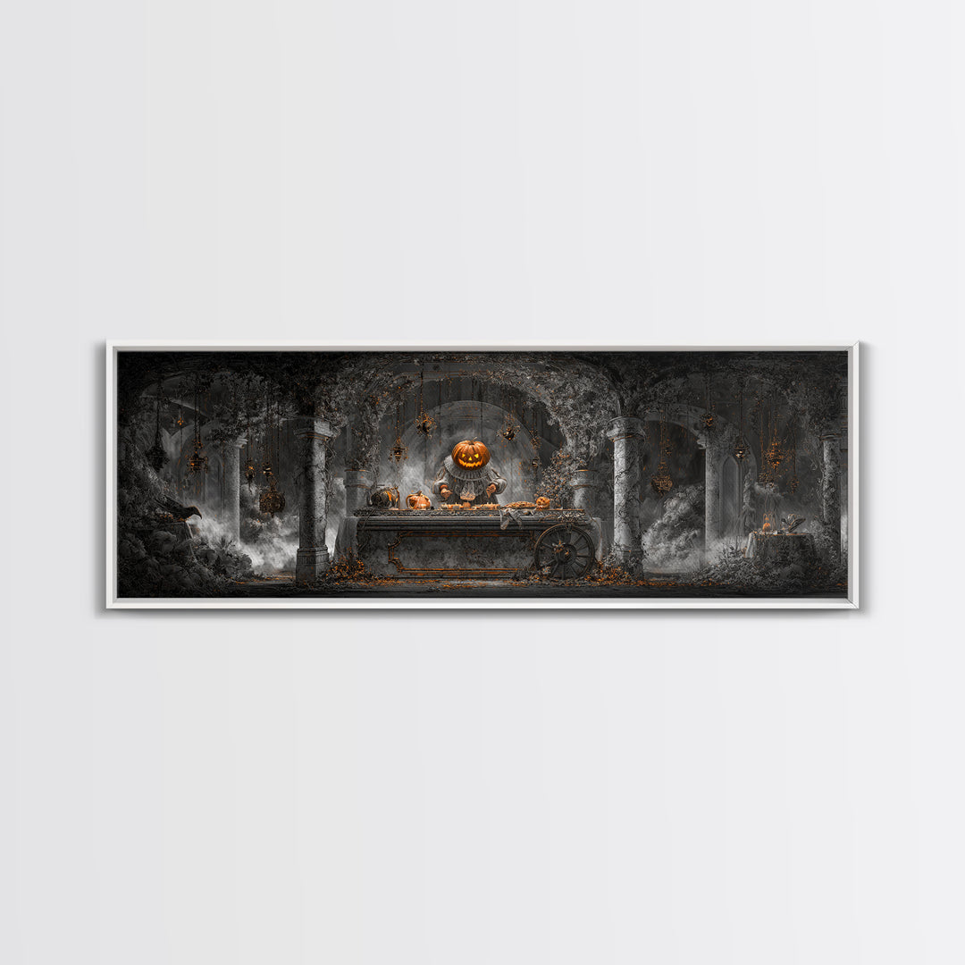 The Pumpkin-Headed Tea Merchant, Extra Wide Wall Art, Dark Fantasy Wall Art, Canvas Print, Halloween Wall Decor, Gothic Home Decor