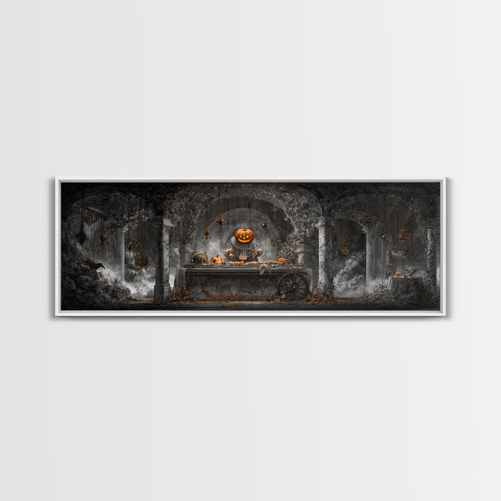 The Pumpkin-Headed Tea Merchant, Extra Wide Wall Art, Dark Fantasy Wall Art, Canvas Print, Halloween Wall Decor, Gothic Home Decor