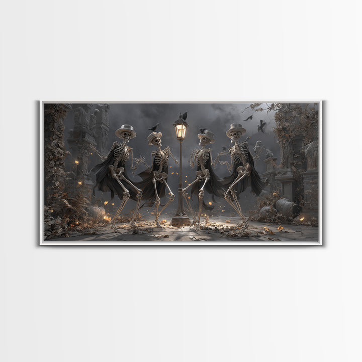 The Skeleton Barbershop Quartet, Wide Panoramic Art, Macabre Wall Art, Framed Canvas Print, Halloween Wall Decor, Gothic Home Decor