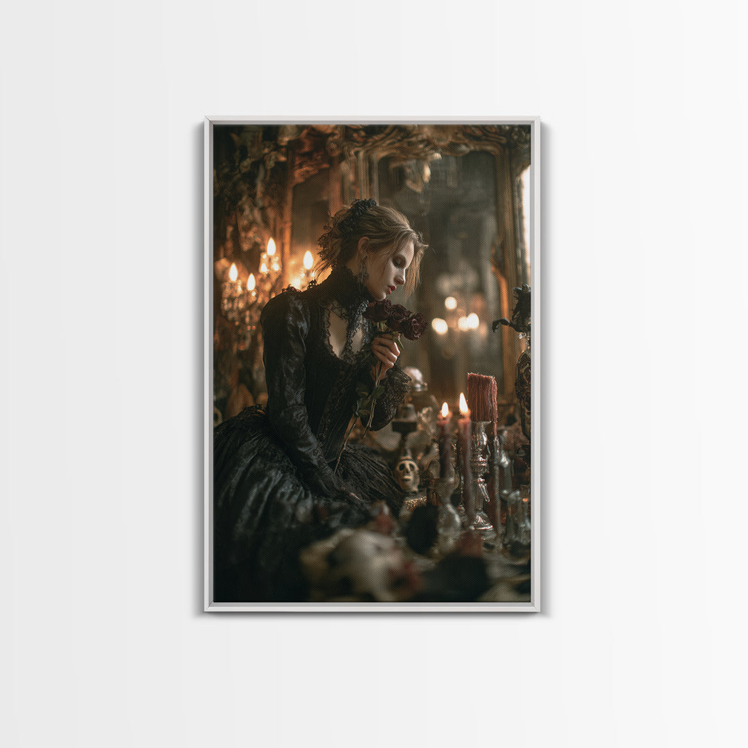The Vampire Florist, Vertical Wall Art, Haunted Gothic Art, Framed Canvas Print, Halloween Wall Decor, Gothic Home Decor, Horror Wall Art
