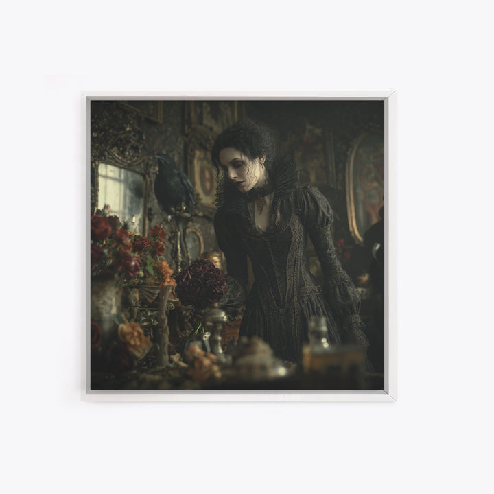 The Vampire Florist, Square Wall Art, Gothic Horror Wall Art, Framed Canvas Print, Halloween Wall Decor, Gothic Home Decor