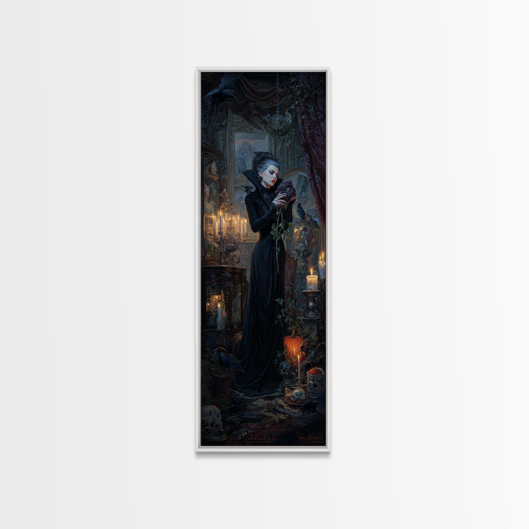 The Vampire Florist, Tall Narrow Wall Art, Spooky Home Decor, Canvas Print, Halloween Wall Decor, Gothic Home Decor, Macabre Wall Art