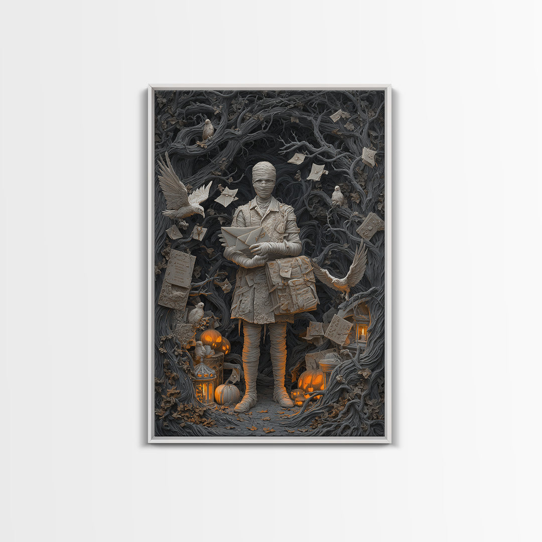 The Mummy Mail Carrier, Vertical Wall Art, Gothic Horror Wall Art, Framed Canvas Print, Halloween Wall Decor, Gothic Home Decor