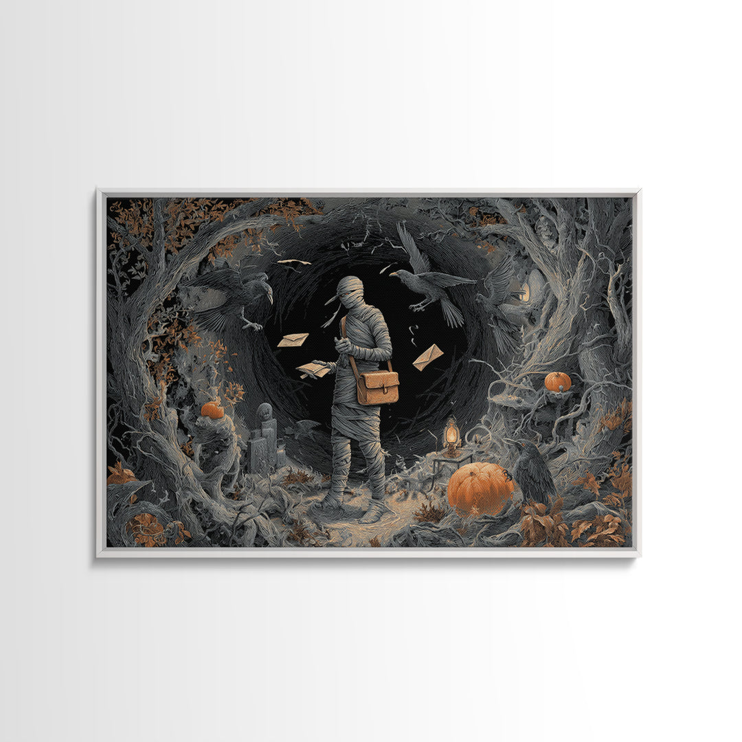 The Mummy Mail Carrier, Landscape Wall Art, Haunted Gothic Art, Framed Canvas Print, Halloween Wall Decor, Gothic Home Decor