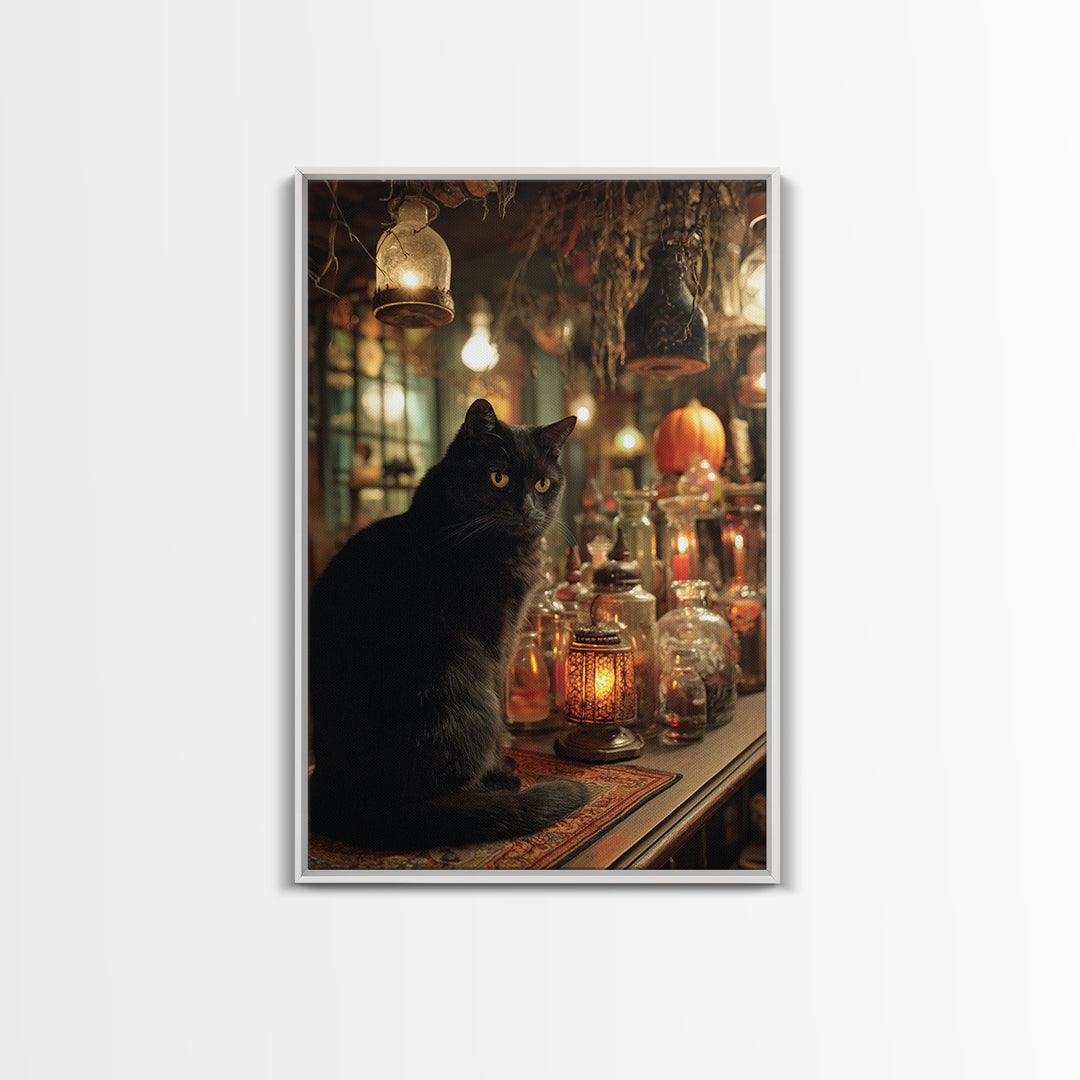 The Witch'S Cat Cafe, Vertical Wall Art, Gothic Horror Wall Art, Framed Canvas Print, Halloween Wall Decor, Gothic Home Decor