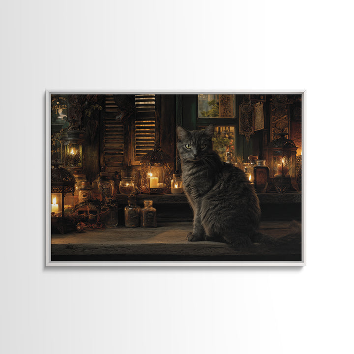 The Witch'S Cat Cafe, Landscape Wall Art, Haunted Gothic Art, Framed Canvas Print, Halloween Wall Decor, Gothic Home Decor
