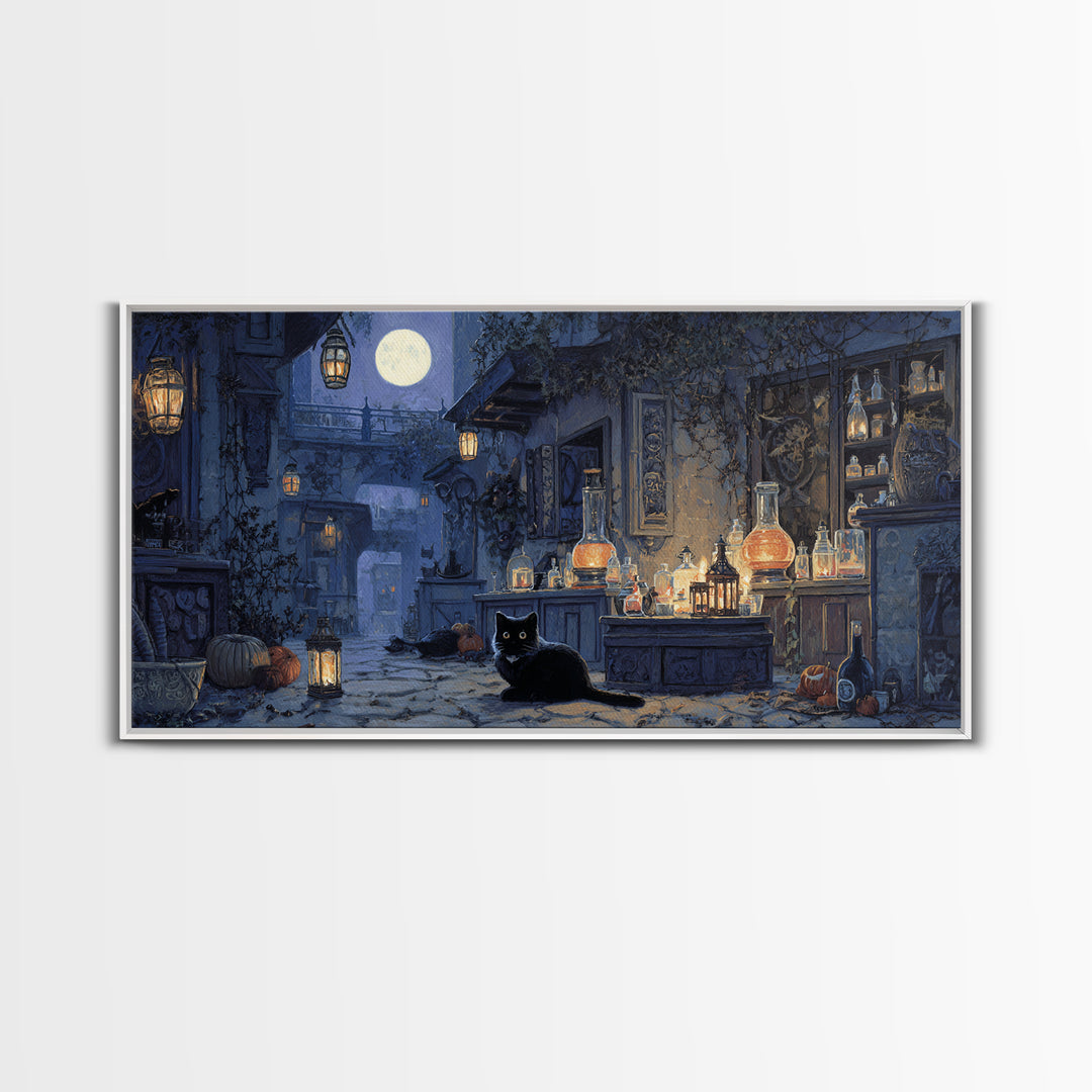 The Witch'S Cat Cafe, Wide Panoramic Art, Dark Fantasy Wall Art, Canvas Print, Halloween Wall Decor, Gothic Home Decor, Macabre Wall Art