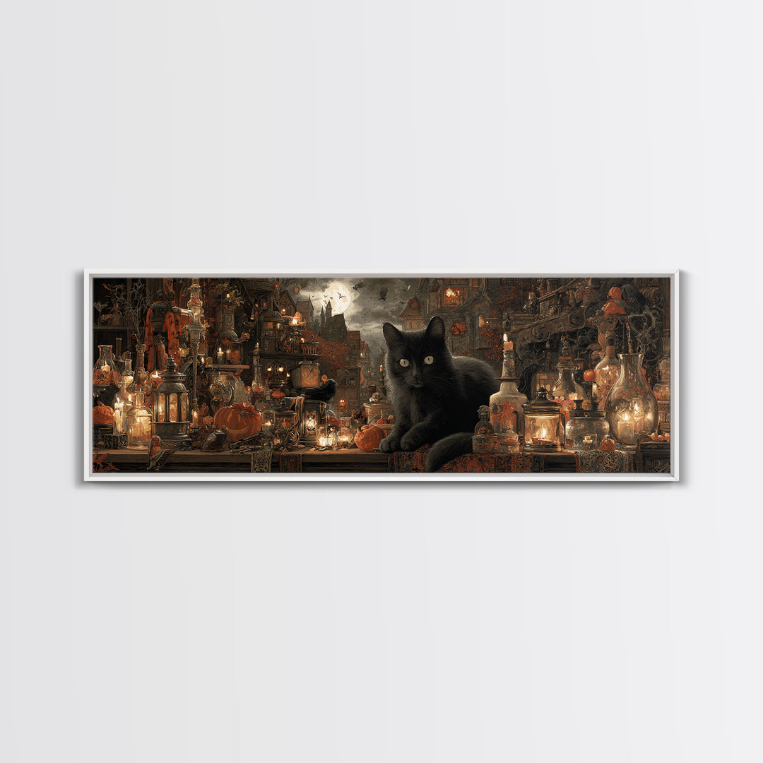 The Witch'S Cat Cafe, Extra Wide Wall Art, Dark Fantasy Wall Art, Canvas Print, Halloween Wall Decor, Gothic Home Decor, Dark Fantasy Art