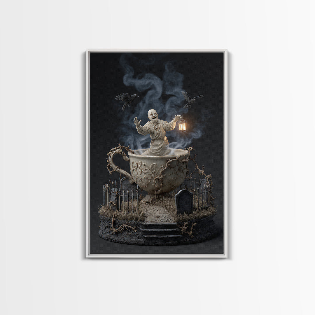 Tiny Ghosts In Teacups, Vertical Wall Art, Dark Fantasy Wall Art, Canvas Print, Halloween Wall Decor, Gothic Home Decor, Macabre Wall Art