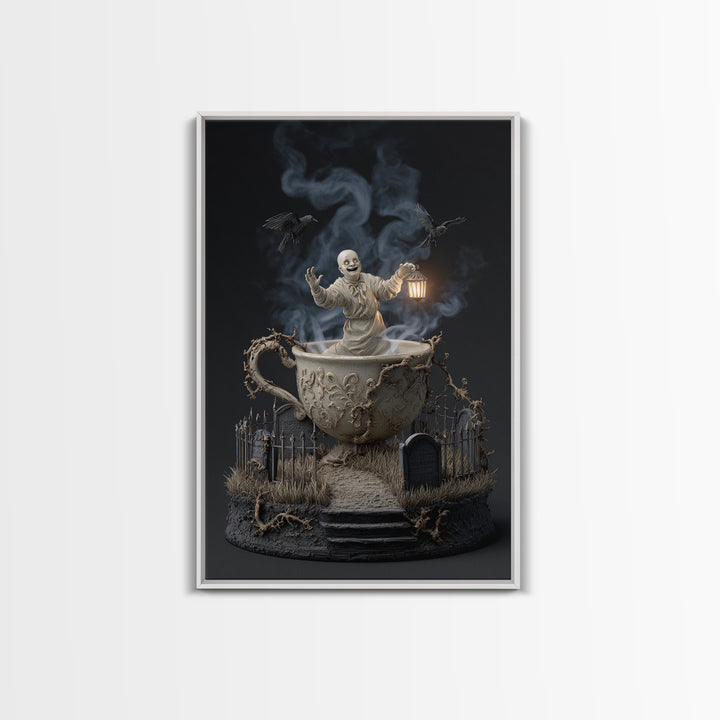 Tiny Ghosts In Teacups, Vertical Wall Art, Dark Fantasy Wall Art, Canvas Print, Halloween Wall Decor, Gothic Home Decor, Macabre Wall Art