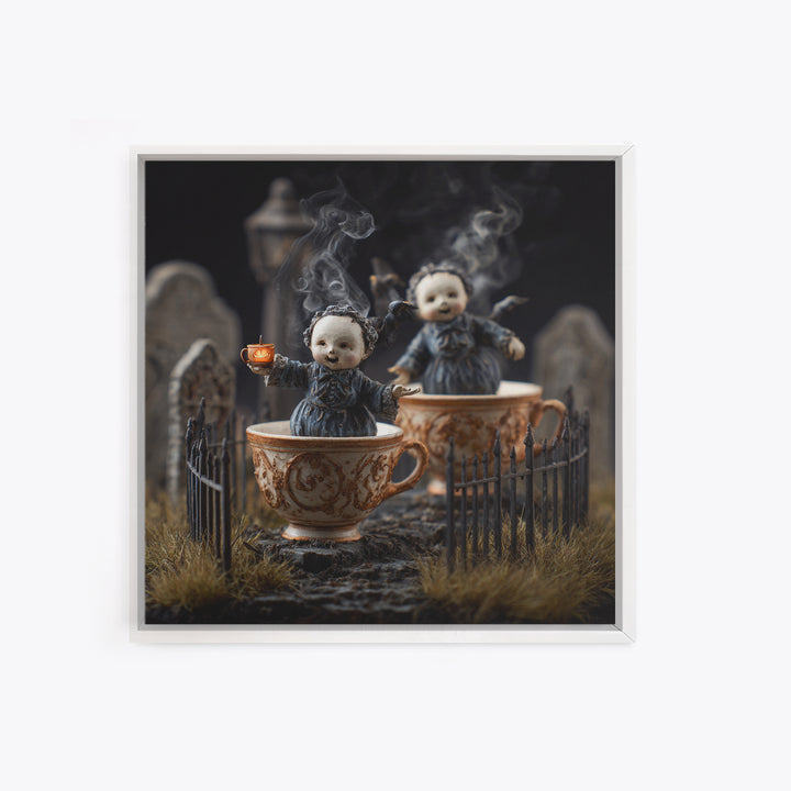 Tiny Ghosts In Teacups, Square Wall Art, Spooky Home Decor, Canvas Print, Halloween Wall Decor, Gothic Home Decor, Horror Wall Art