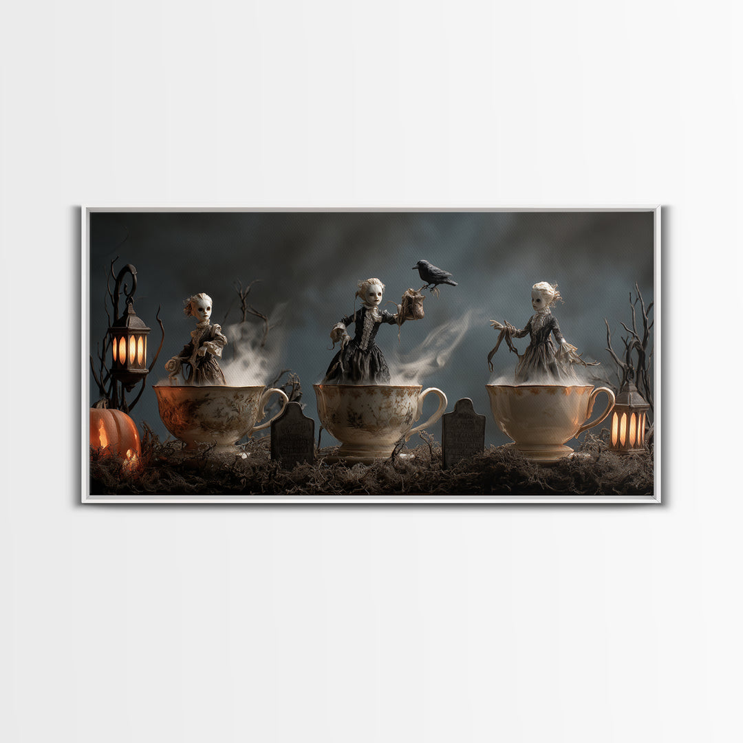Tiny Ghosts In Teacups, Wide Panoramic Art, Haunted Gothic Art, Framed Canvas Print, Halloween Wall Decor, Gothic Home Decor