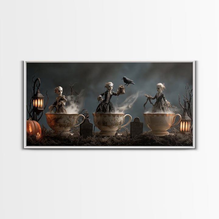 Tiny Ghosts In Teacups, Wide Panoramic Art, Haunted Gothic Art, Framed Canvas Print, Halloween Wall Decor, Gothic Home Decor