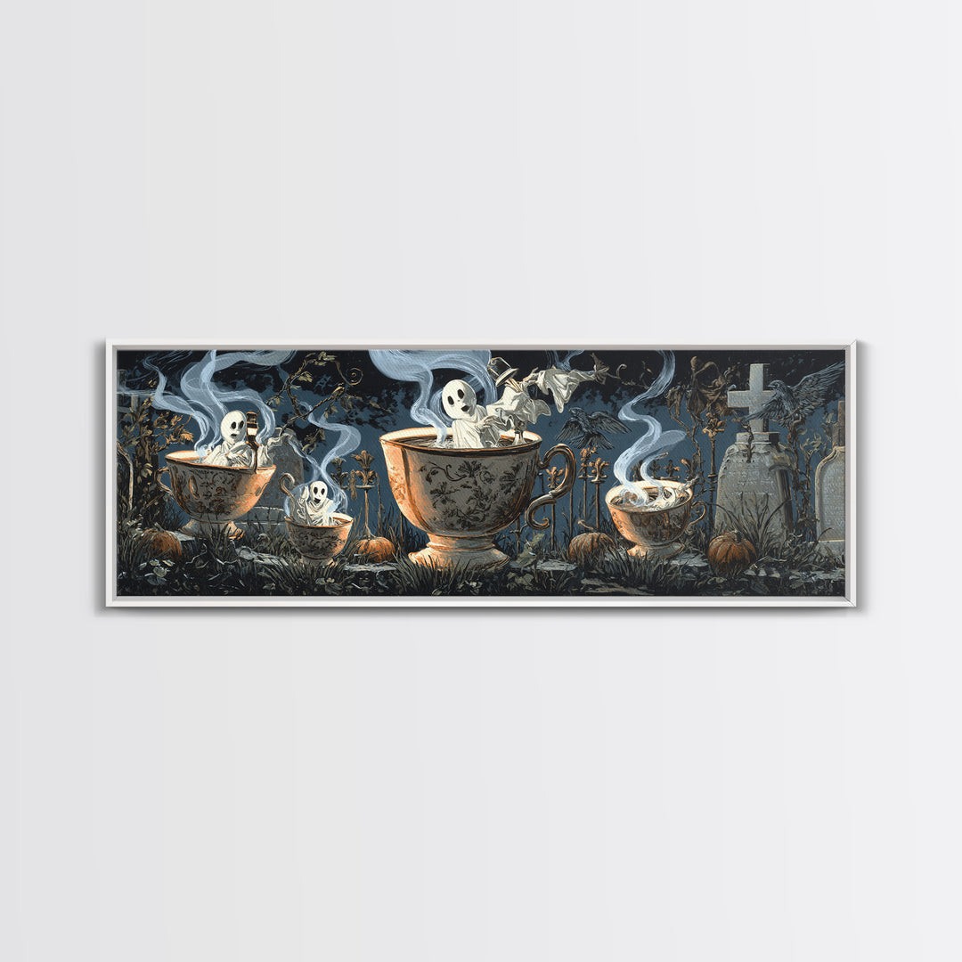 Tiny Ghosts In Teacups, Extra Wide Wall Art, Spooky Home Decor, Canvas Print, Halloween Wall Decor, Gothic Home Decor, Spooky Wall Decor