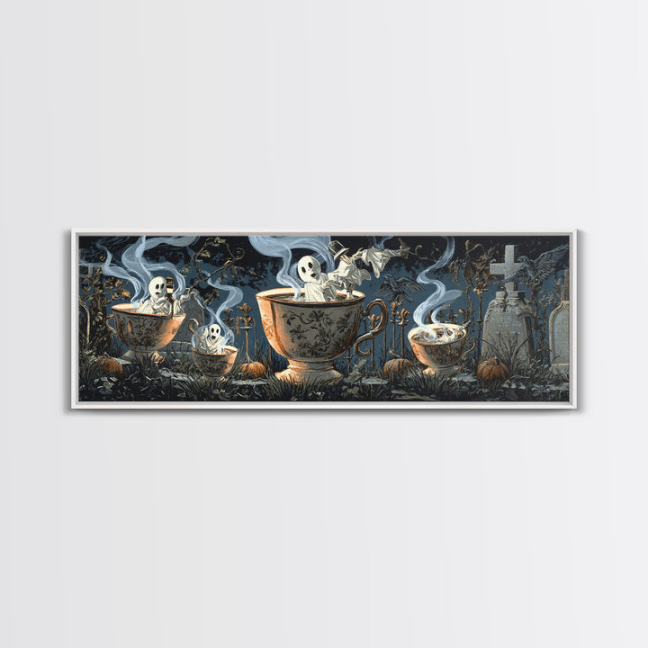 Tiny Ghosts In Teacups, Extra Wide Wall Art, Spooky Home Decor, Canvas Print, Halloween Wall Decor, Gothic Home Decor, Spooky Wall Decor