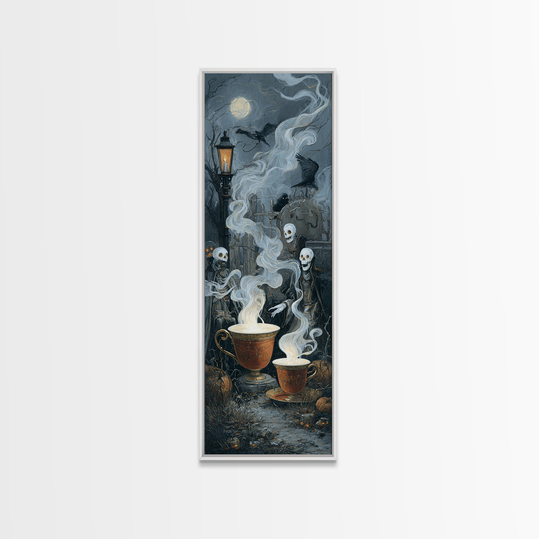 Tiny Ghosts In Teacups, Tall Narrow Wall Art, Macabre Wall Art, Framed Canvas Print, Halloween Wall Decor, Gothic Home Decor