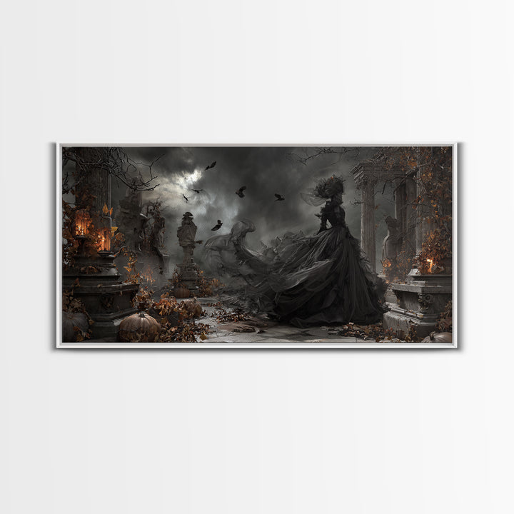 The Spider Sewing Circle, Wide Panoramic Art, Haunted Gothic Art, Framed Canvas Print, Halloween Wall Decor, Gothic Home Decor