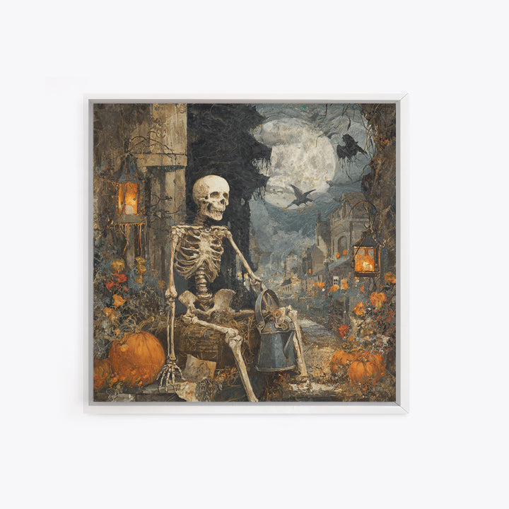 The Skeleton Gardeners, Square Wall Art, Macabre Wall Art, Framed Canvas Print, Halloween Wall Decor, Gothic Home Decor