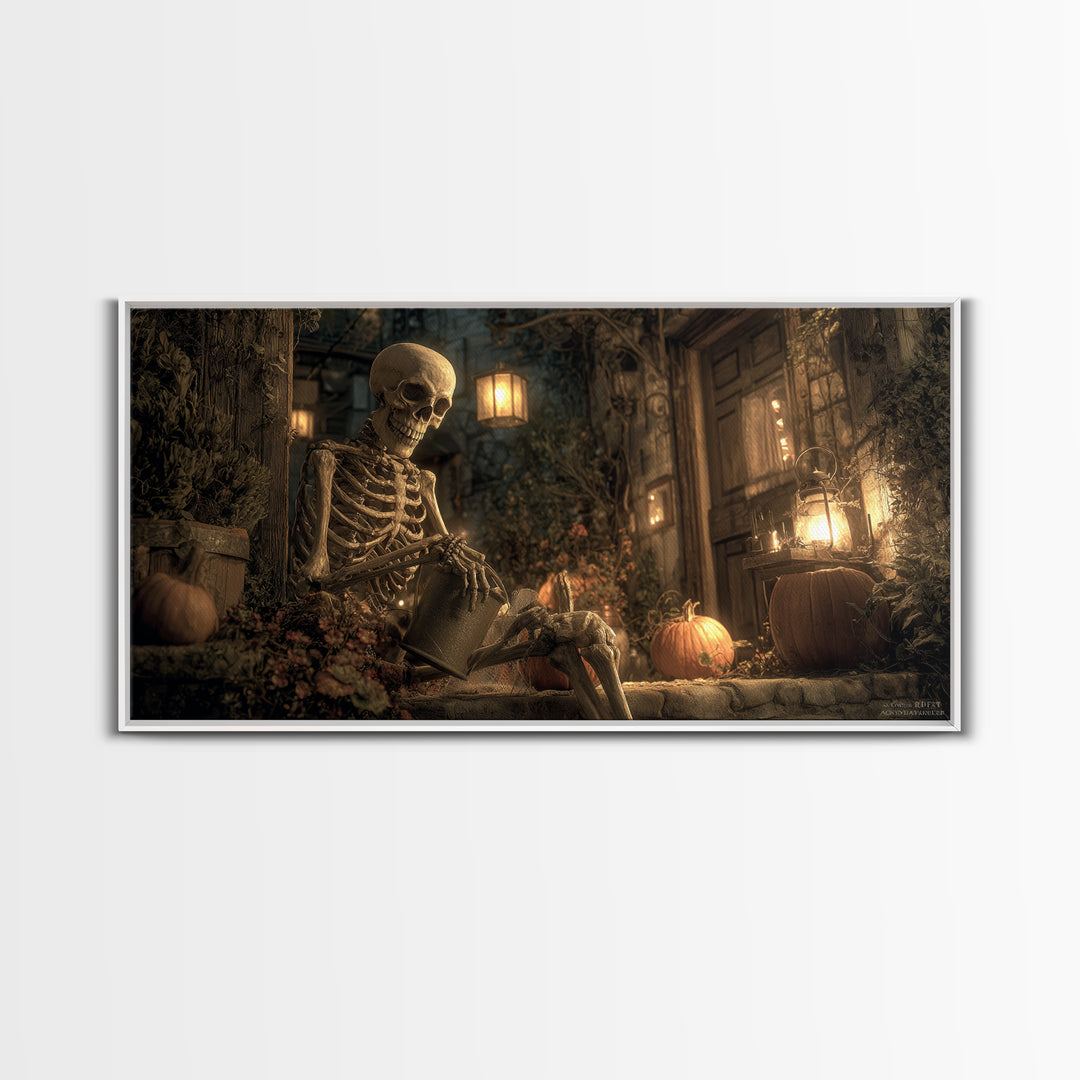 The Skeleton Gardeners, Wide Panoramic Art, Dark Fantasy Wall Art, Canvas Print, Halloween Wall Decor, Gothic Home Decor, Spooky Wall Decor