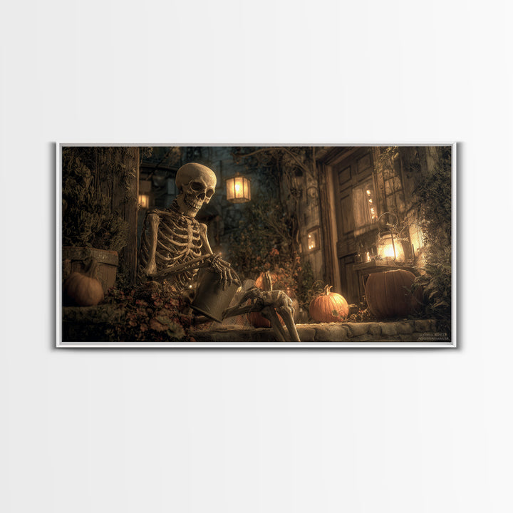 The Skeleton Gardeners, Wide Panoramic Art, Dark Fantasy Wall Art, Canvas Print, Halloween Wall Decor, Gothic Home Decor, Spooky Wall Decor