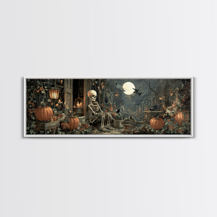 The Skeleton Gardeners, Extra Wide Wall Art, Gothic Horror Wall Art, Framed Canvas Print, Halloween Wall Decor, Gothic Home Decor