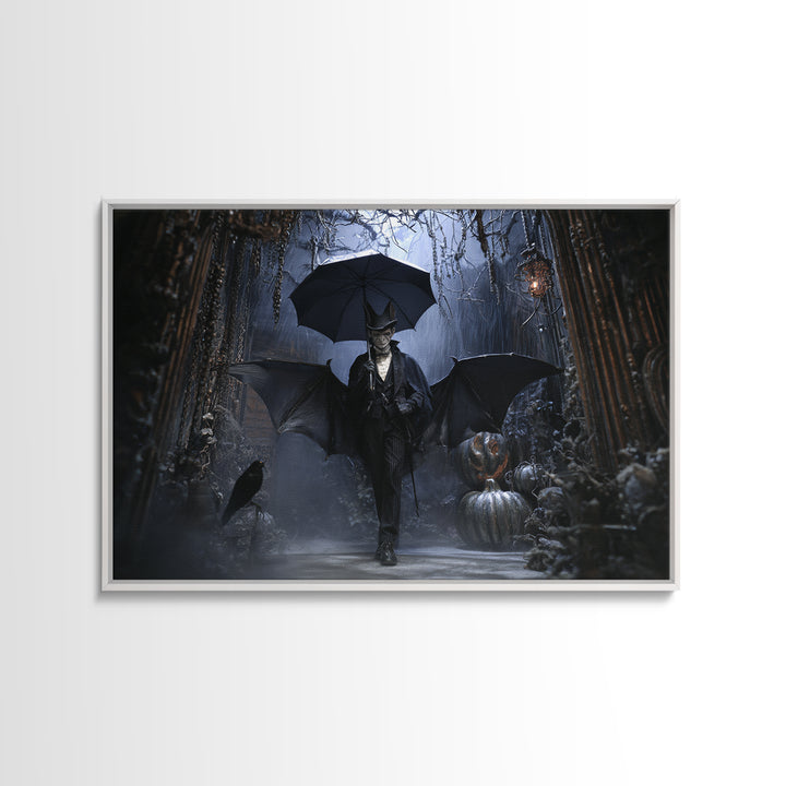 The Bat Umbrella Salesman, Landscape Wall Art, Gothic Horror Wall Art, Framed Canvas Print, Halloween Wall Decor, Gothic Home Decor