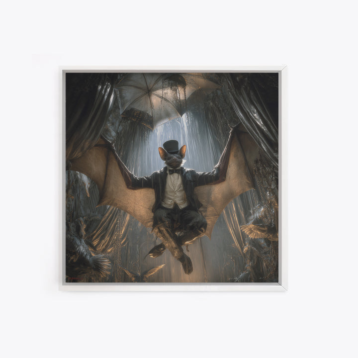 The Bat Umbrella Salesman, Square Wall Art, Gothic Horror Wall Art, Framed Canvas Print, Halloween Wall Decor, Gothic Home Decor
