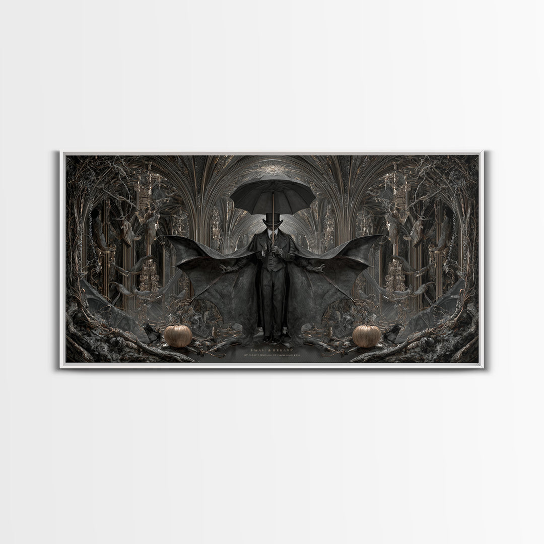 The Bat Umbrella Salesman, Wide Panoramic Art, Dark Fantasy Wall Art, Canvas Print, Halloween Wall Decor, Gothic Home Decor