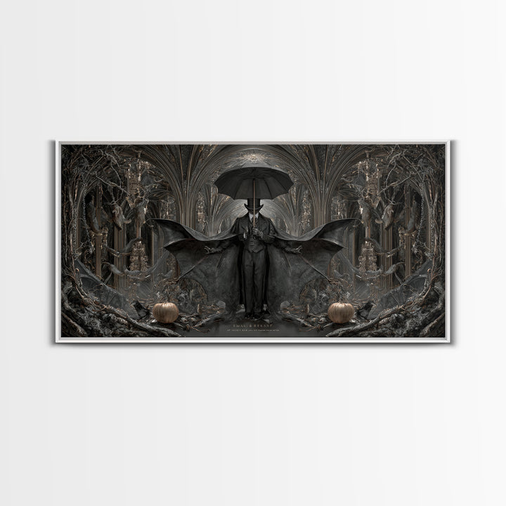 The Bat Umbrella Salesman, Wide Panoramic Art, Dark Fantasy Wall Art, Canvas Print, Halloween Wall Decor, Gothic Home Decor