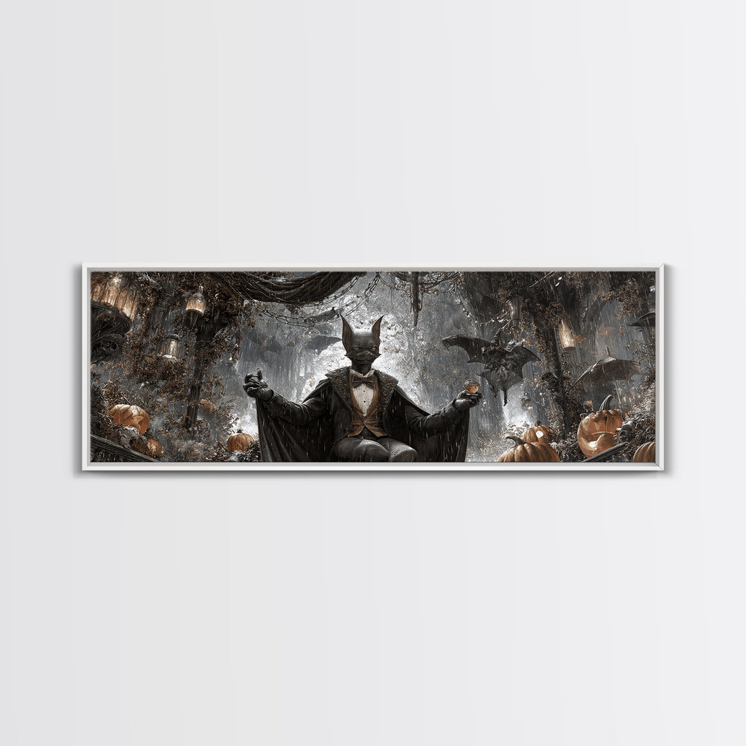 The Bat Umbrella Salesman, Extra Wide Wall Art, Macabre Wall Art, Framed Canvas Print, Halloween Wall Decor, Gothic Home Decor