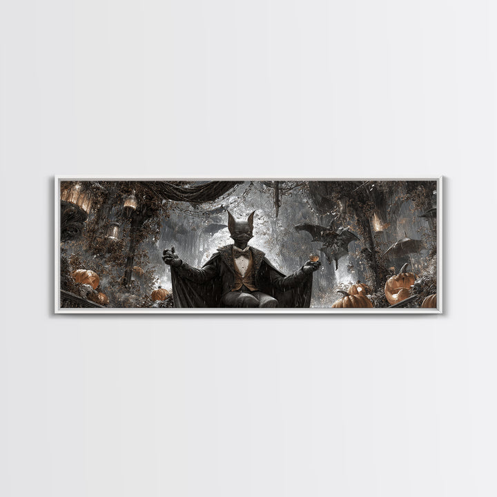 The Bat Umbrella Salesman, Extra Wide Wall Art, Macabre Wall Art, Framed Canvas Print, Halloween Wall Decor, Gothic Home Decor