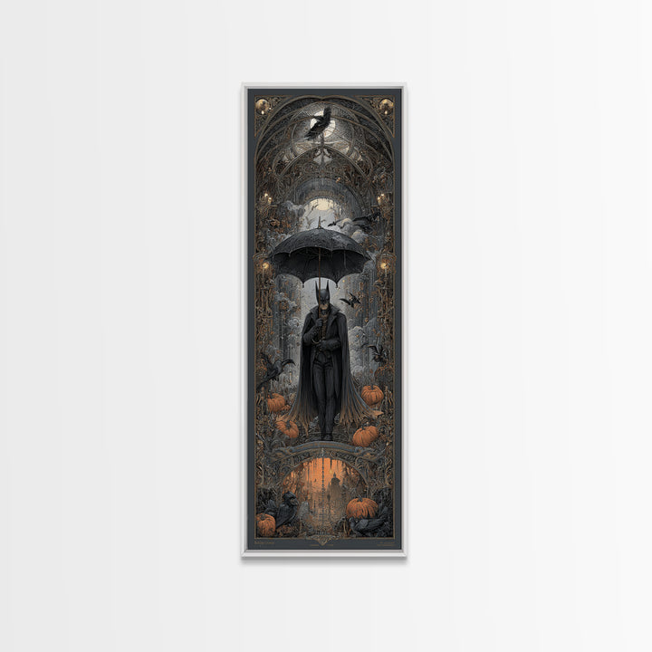 The Bat Umbrella Salesman, Tall Narrow Wall Art, Dark Halloween Decor, Canvas Print, Halloween Wall Decor, Gothic Home Decor